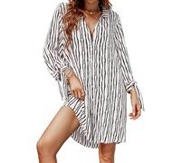 CUPSHE Women's Blouse Dress V Neck Long Sleeve Loose Shirt Dress Button Front Casual Dresses Bikini Cover Up Beach Dress White Stripe M