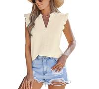 CUPSHE Women's Blouses Notched Neck Sleeveless Tops Ruffled Trim Woven Casual Womens Tee Shirt for Spring Summer, Beige, L