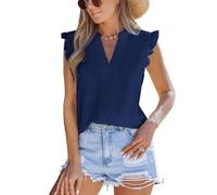 CUPSHE Women's Blouses Notched Neck Sleeveless Tops Ruffled Trim Woven Casual Womens Tee Shirt for Spring Summer, Navy, L