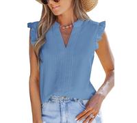CUPSHE Women's Blouses Notched Neck Sleeveless Tops Ruffled Trim Woven Casual Womens Tee Shirt for Spring Summer, Blue, L