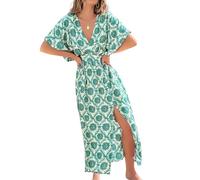 CUPSHE Women's Boho Paisley Floral Deep V Neck Short Sleeve Maxi Dress | Smocked Waist Dolman Sleeve Dress, Slit Hem Flowy Long Dress with Pockets, Summer Beach Vacation Wedding Resort Kimono Dress