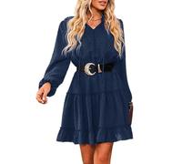 CUPSHE Women's Casual Dress Flounce Drawstring Long Sleeve Dress V-Neck Without Belt Loose Party A-Line Cocktail Mini Dress Blue M