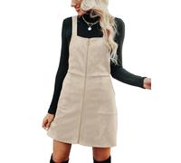 CUPSHE Women's Casual Faux Suede Mini Dresse Square Neck Pull-Ring Zipper Front Straps Autumn Warm Pinafore Tunic A-Line Dress