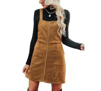 CUPSHE Women's Casual Faux Suede Mini Dresse Square Neck Pull-Ring Zipper Front Straps Autumn Warm Pinafore Tunic A-Line Dress Orange