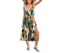 CUPSHE Women's Casual Wrap Dress A-Line Sleeveless Waist Tie Abstract Print Slit Long Midi Summer Dress Green Printed S