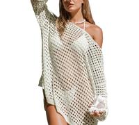 CUPSHE Women's Crochet Cover Up Cutout Drop Shoulder Long Sleeves Pullover Beachwear Top Blouse Sand L