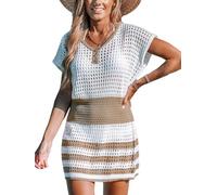 CUPSHE Women's Crochet Cover Up Swim Beach Button Short Sleeve Mini Dress Beachwear Striped Brown XL