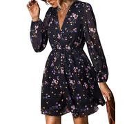 CUPSHE Women's Floral Print Chiffon A-Line Mini Dress Long Peasant Sleeves Elastic Autumn Dress Black Ditsy L