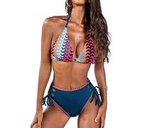 CUPSHE Womens High Waisted Bikini Set Halter Self Tie Color Block Textur | Halter Neck Bikini Top, Self Tie Design, High Waisted Bottom, Colour Block Design, Textured Fabric, Beach Holiday