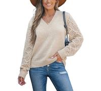 CUPSHE Women's Jumper Knit Crochet Long Sleeve V Neck Lightweight Oversize Sweater Pullover for Winter Apricot S