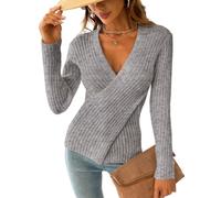 CUPSHE Womens Jumper Long Sleeve V Neck Casual Ribbed Knit Wrap Sweater Top for Autumn Winter Grey L