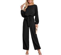 CUPSHE Women's Jumpsuit Boat Collar Long Sleeve Wide Leg Back Split Belted Elegant Overall Black S