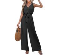 CUPSHE Women's Jumpsuit V Neck Wrap Sleeveless Crochet Back Wide Leg Belted Summer Elegant Overall Black M