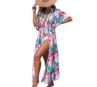 CUPSHE Women's Kimono Cover Up Open Front Loose Fit Maxi Cardigan Bathing Suit Beachwear for Summer Green Red L