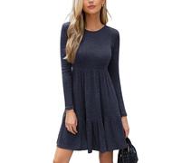 CUPSHE Women's Knit Mini Dress Ribbed Round Neck Long Sleeve Ruffled A Line Fall Casual Sweater Dresses Navy Blue S