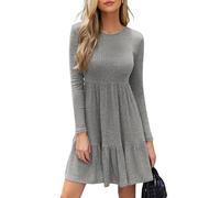 CUPSHE Women's Knit Mini Dress Ribbed Round Neck Long Sleeve Ruffled A Line Fall Casual Sweater Dresses Grey S