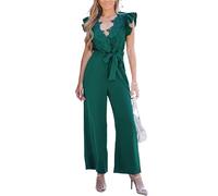 CUPSHE Women's Lace Jumpsuit Wrap V-Neck Ruffled Sleeve Tie Waist Wide Leg Casual Elegant Summer Outfit
