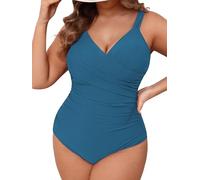 CUPSHE Women's Large Sizes Swimsuit V Neck Wrap Look Ruffle Tummy Control One Piece Curvy Swimwear Plus Size Swimsuit, Slate blue, XL Plus