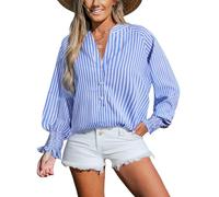 CUPSHE Women's Long Puff Sleeves Shirt Blouse Striped Smocked Cuffs Spring Summer Top Notched Neck Partial Front Buttons Lightweight Casual Holiday Vacation Beachwear, Blue & White, S