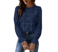 CUPSHE Women's Long Sleeve Blouse Made of Broderie Anglaise, with Floral Pattern, Elegant Round Neck, Women’s Top with Puff Sleeves, darkblue, XS