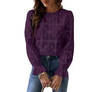 CUPSHE Women's Long Sleeve Blouse Made of Broderie Anglaise, with Floral Pattern, Elegant Round Neck, Women’s Top with Puff Sleeves, purple, XXL