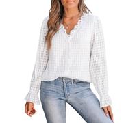 CUPSHE Women's Long Sleeve Lace Blouse Puff Poet Sleeves V-Neck Elegant Ladies Tops, White, L