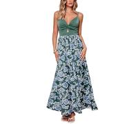 CUPSHE Women's Maxi Dress Floral V Neck Sleeveless Cutout Side Slit Smocked Ruffled Casual Summer Beach Dresses Green-Blue