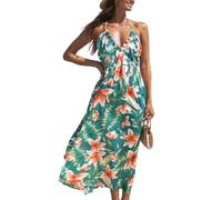 CUPSHE Women's Maxi Summer Dress Halter Neck Ruffle Plunge V Neck Sleeveless Backless A-Line Casual Party Long Dress Tropical Floral Green L