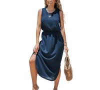CUPSHE Women's Maxi Summer Dress Sleeveless Round Neck Cinched Waist Dress Side Slit Tunic A-Line Casual Dresse Navy Blue XL
