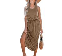 CUPSHE Women's Maxi Summer Dress Sleeveless Round Neck Cinched Waist Dress Side Slit Tunic A-Line Casual Dresses Khaki XL