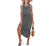 CUPSHE Women's Maxi Summer Dress Sleeveless Round Neck Cinched Waist Dress Side Slit Tunic A-Line Casual Dresse Grey S
