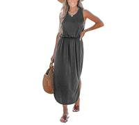 CUPSHE Women's Maxi Summer Dress Sleeveless Round Neck Cinched Waist Dress Side Slit Tunic A-Line Casual Dresse Dark Grey M