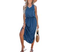CUPSHE Women's Maxi Summer Dress Sleeveless Round Neck Cinched Waist Dress Side Slit Tunic A-Line Casual Dresse Blue XL