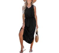 CUPSHE Women's Maxi Summer Dress Sleeveless Round Neck Cinched Waist Dress Side Slit Tunic A-Line Casual Dresse Black S