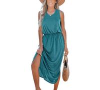 CUPSHE Women's Maxi Summer Dress Sleeveless Round Neck Cinched Waist Dress Side Slit Tunic A-Line Casual Dresse Teal XL
