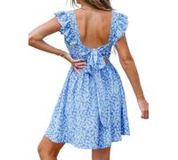 CUPSHE Women's Mini Dress Ditsy V Neck Flutter Sleeve Back Self Tie A Line Casual Summer Dresses Blue M