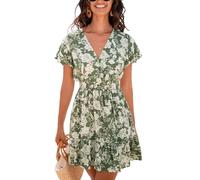 CUPSHE Women's Mini Dress Floral Wrap V Neck Short Sleeve Smocked Waist Summer Casual Dresses Green S