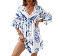 CUPSHE Women's Mini Dress Lace V Neck 3/4 Sleeve Ruffled Cuffs Empire Waist Casual Summer Cover Up Dresses Blue M
