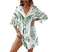 CUPSHE Women's Mini Dress Lace V Neck 3/4 Sleeve Ruffled Cuffs Empire Waist Casual Summer Cover Up Dresses Green L