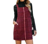 CUPSHE Women's Mini Dress Pinafore Plaid O-Ring Zip Wide Straps Sleeveless Fitted Casual A-Line Tunic Overalls Dresses with Pocket Red XS