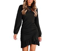 CUPSHE Women's Mini Dress Round Neck Ruffled Hem Ruched Long Sleeve Fitted Ribbed Knit Casual Dress Black L