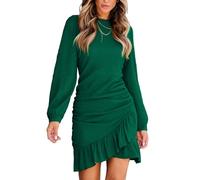 CUPSHE Women's Mini Dress Round Neck Ruffled Hem Ruched Long Sleeve Fitted Ribbed Knit Casual Dress Green M