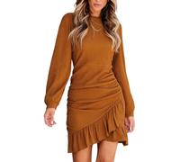 CUPSHE Women's Mini Dress Round Neck Ruffled Hem Ruched Long Sleeve Fitted Ribbed Knit Casual Dress Orange XL