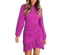 CUPSHE Women's Mini Dress Round Neck Ruffled Hem Ruched Long Sleeve Fitted Ribbed Knit Casual Dress Rose Pink L