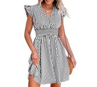 CUPSHE Women's Mini Dress Striped V Neck Flutter Sleeve Smocked Waist A Line Casual Summer Dresses