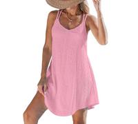 CUPSHE Women's Mini Dress Swimsuit Cover Ups Hollow Out Sleeveless Coverup Criss Cross Back Beachwear Spaghetti Strap Summer Dress Pink Textured Floral XL