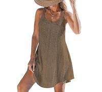 CUPSHE Women's Mini Dress Swimsuit Cover Ups Hollow Out Sleeveless Coverup Criss Cross Back Beachwear Spaghetti Strap Summer Dress Brown Textured Floral L