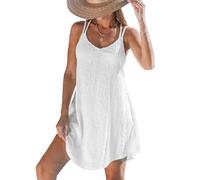 CUPSHE Women's Mini Dress Swimsuit Cover Ups Hollow Out Sleeveless Coverup Criss Cross Back Beachwear Spaghetti Strap Summer Dress White Textured Floral S