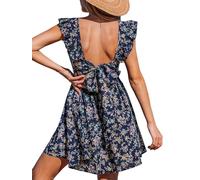 CUPSHE Womens Mini Dress V Neck Floral Flutter Sleeve Self Tie Casual Vacation Short Summer Dresses Navy Floral M