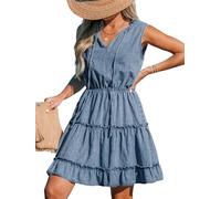 CUPSHE Women's Mini Dress V Neck with Tie Ruffled Sleeveless Denim Skirt A Line Short Dresses Midnight Blue M